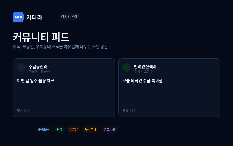 카더라 커뮤니티 — 주식 부동산 자유토론 게시글 피드
