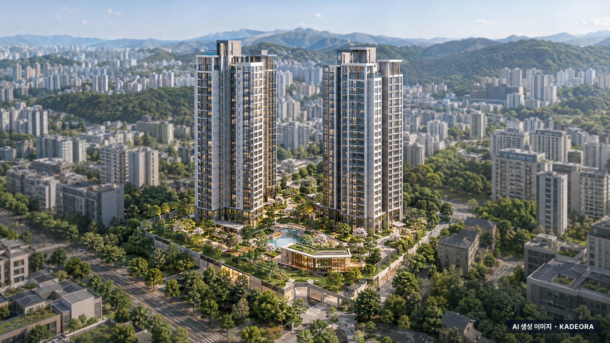 서산 휴리움 레이크파크 단지 전경 AI 상상도(주간 항공) — 충남 서산시 착공 150세대
