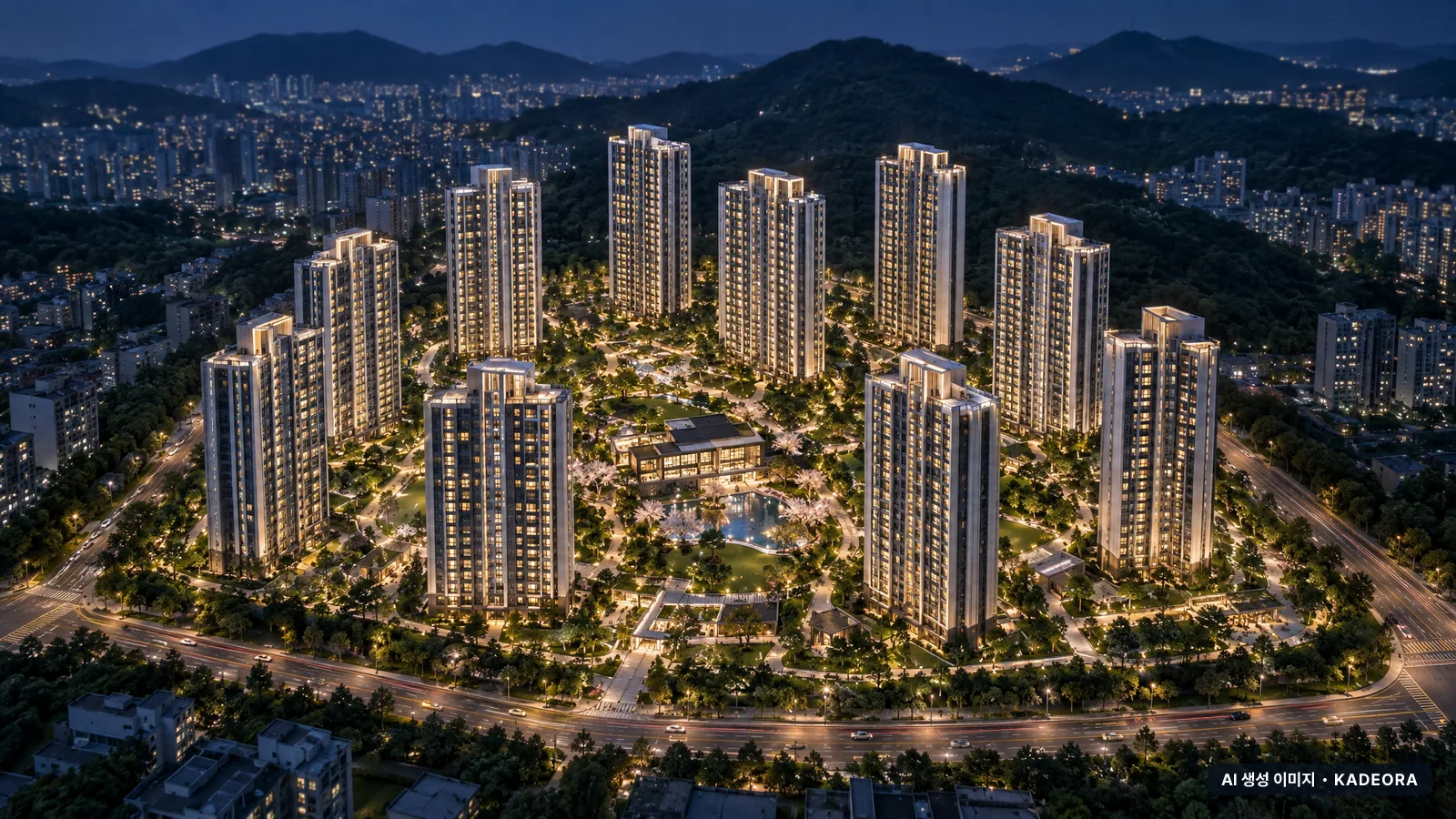 부산명지 A-5BL 공동주택 단지 야경 AI 상상도 — 강서구 아파트 분양