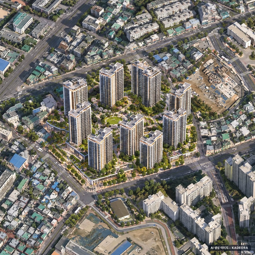 양정 롯데캐슬 프론티엘 단지 전경 AI 상상도(주간 항공) — 부산 부산진구 착공 903세대