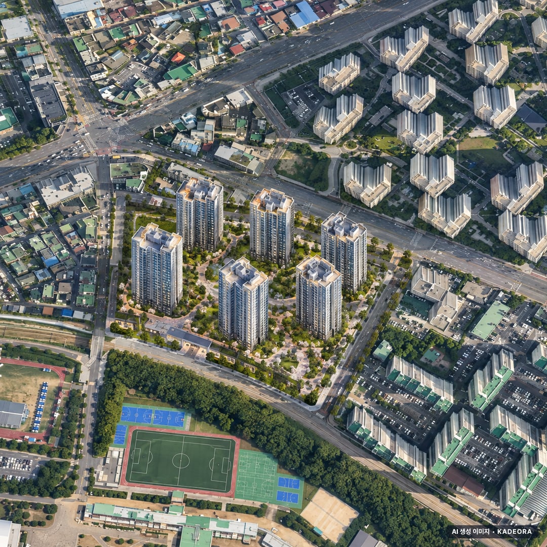 도마 포레나해모로 단지 전경 AI 상상도(주간 항공) — 대전 서구 착공 568세대