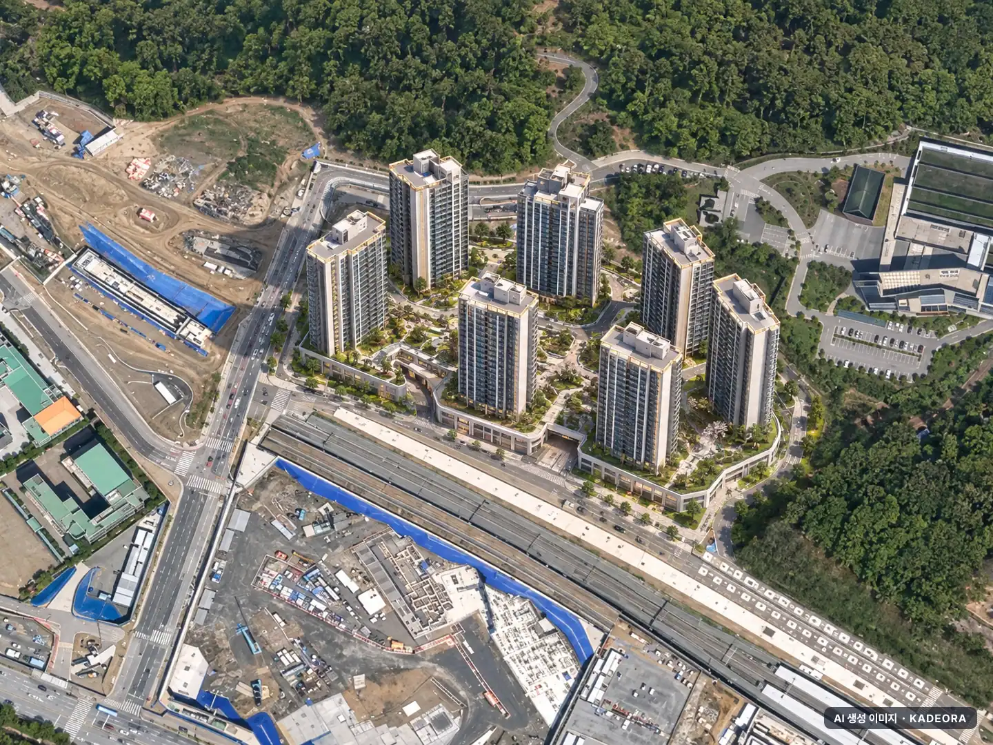 래미안 센트리폴(1BL) 7개동·최고 20층·총 706세대 기준 AI 상상도(주간 항공) — 실제와 다를 수 있음