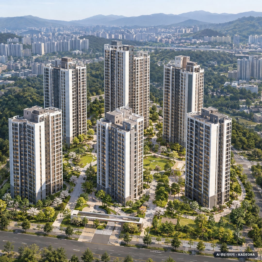 풍무역세권 수자인 그라센트 2차(3차) 7개동·최고 28층·총 639세대(이번 8세대 공급) 기준 AI 상상도(주간 항공) — 실제와 다를 수 있음