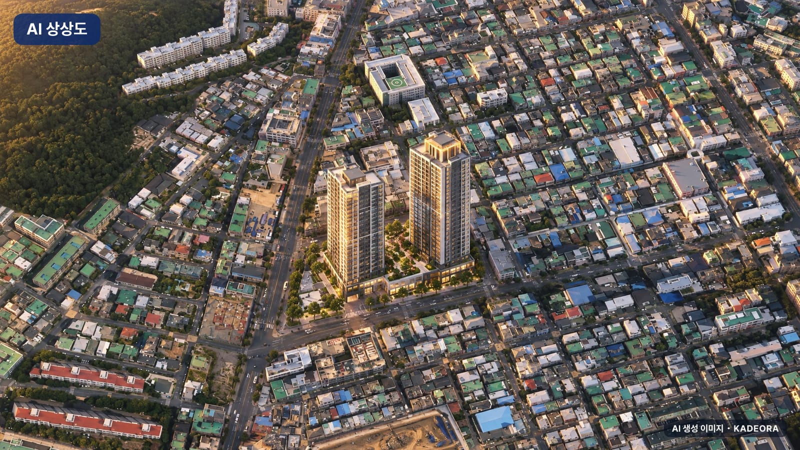 힐스테이트 문수로 센트럴 1단지 단지 전경 AI 상상도(노을 항공) — 울산 남구 착공 301세대