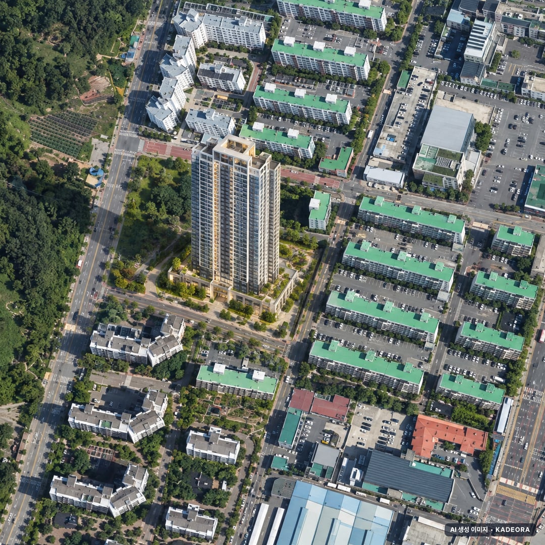 하당 르파르크 시그니처 단지 전경 AI 상상도(주간 항공) — 전남 목포시 착공 70세대