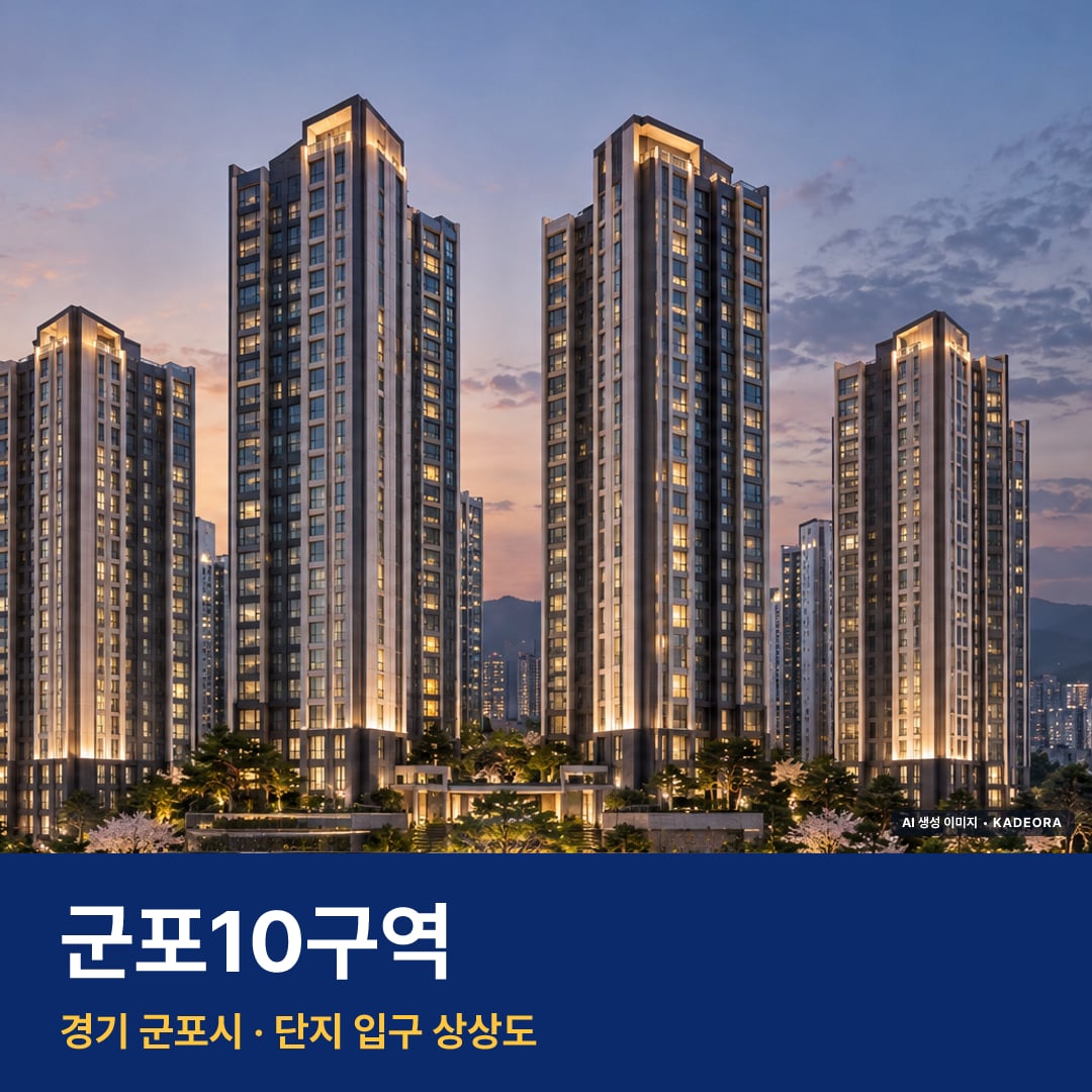 군포10구역 재개발 군포10구역 단지 전경 AI 상상도 — 군포시 당동 978세대 — AI 생성 상상도 · 실제와 다를 수 있음