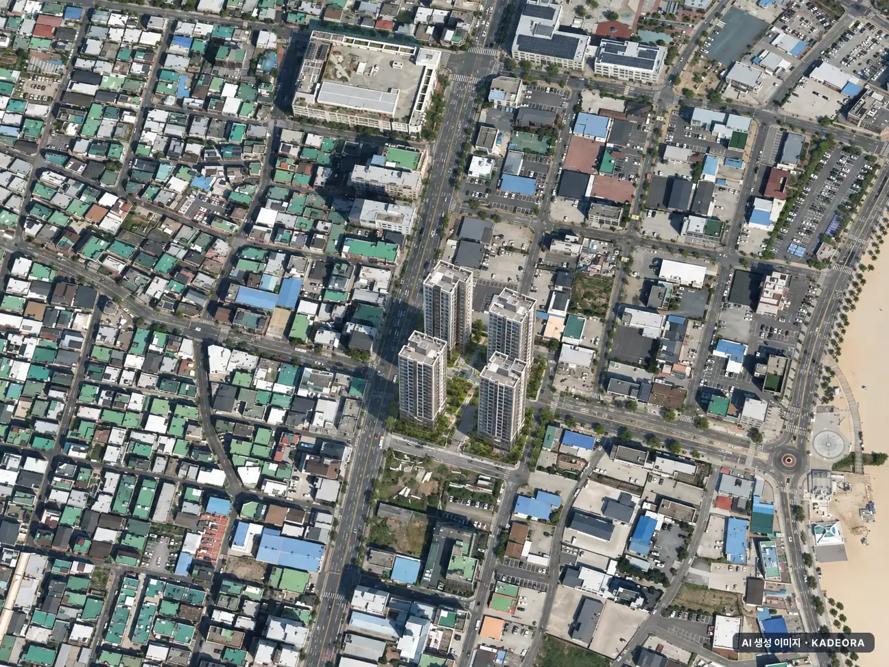 울산시 동구 화정동 638-3 주거복합단지 신축공사 4개동·총 356세대 기준 AI 상상도(주간 항공) — 실제와 다를 수 있음