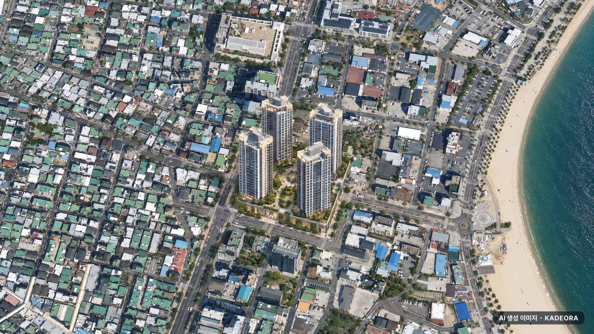 울산시 동구 화정동 638-3 주거복합단지 신축공사 주간 항공 상상도 · AI 생성 이미지로 실제와 다를 수 있음 울산시 동구 화정동 638-3 주거복합단지 신축공사 단지 전경 AI 상상도(주간 항공) — 울산 동구 분양 예고 356세대