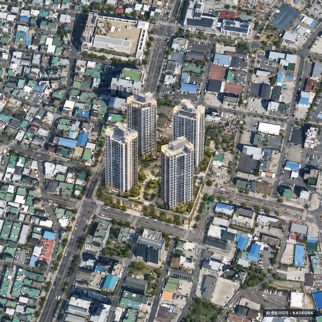 울산시 동구 화정동 638-3 주거복합단지 신축공사 조감도 AI 상상도(주간 항공) — 울산 동구 분양 예고 356세대