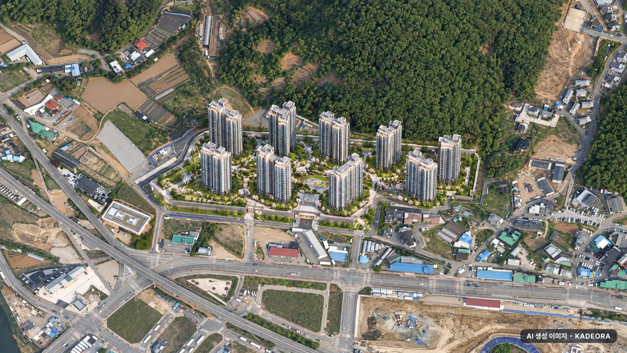 힐스테이트 광주곤지암역 단지 전경 AI 상상도(주간 항공) — 경기 광주시 착공 635세대