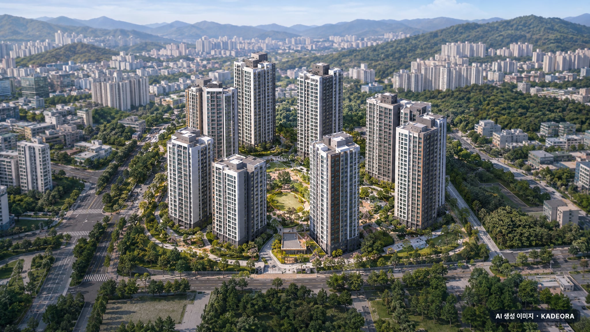 두산위브 트리니뷰 구명역 8개동·최고 26층·총 839세대(이번 288세대 공급) 기준 AI 상상도(주간 항공) — 실제와 다를 수 있음