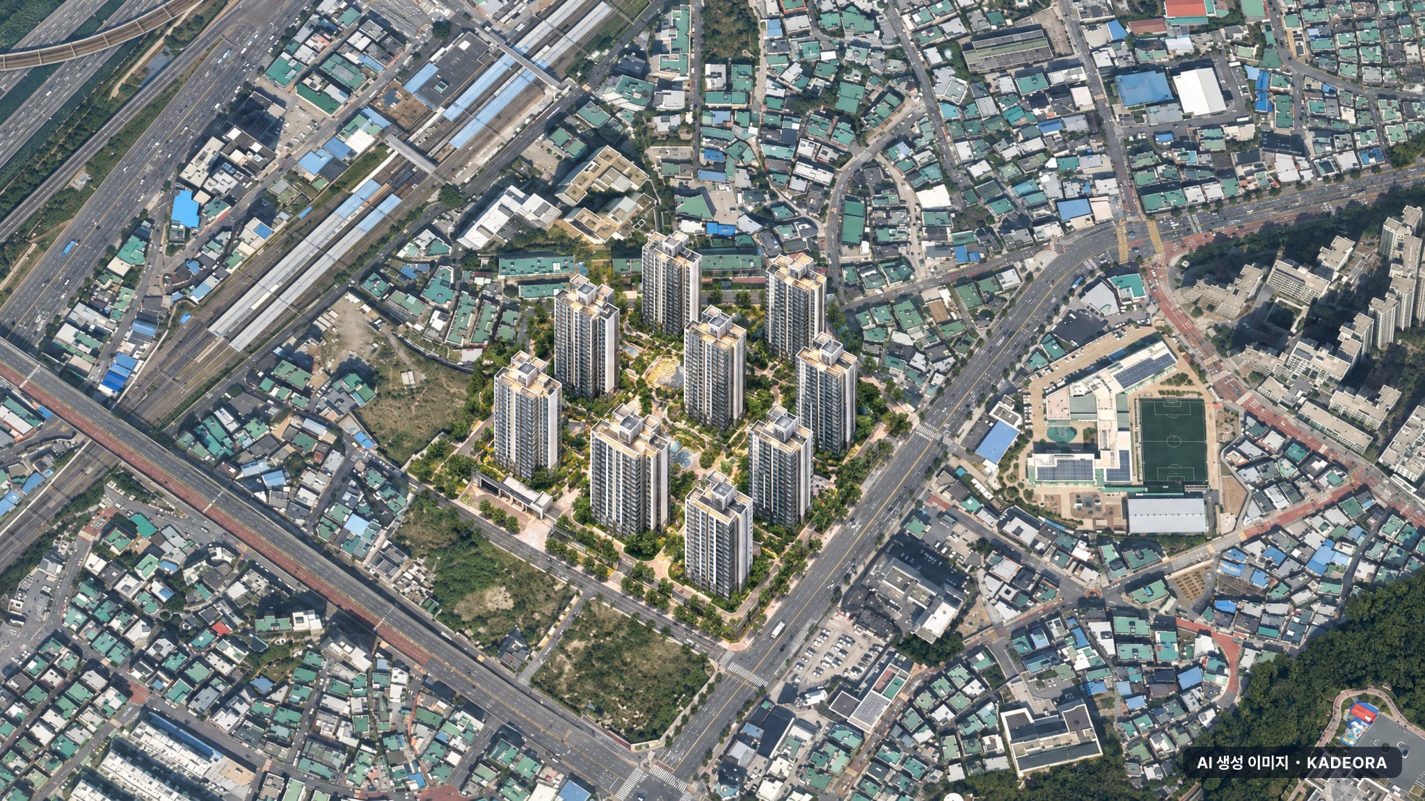 두산위브 트리니뷰 구명역 단지 전경 AI 상상도(주간 항공) — 부산 북구 착공 288세대