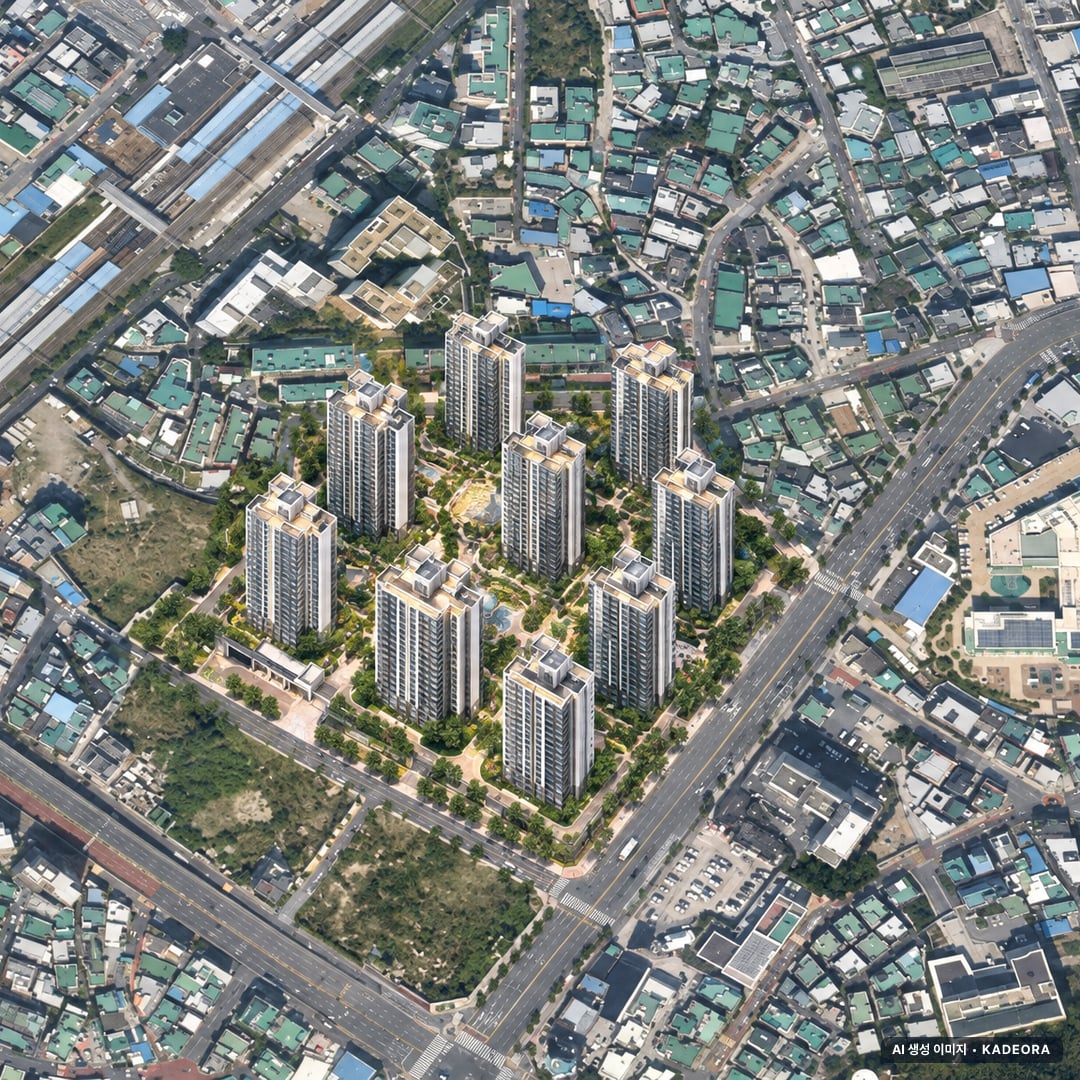 두산위브 트리니뷰 구명역 단지 전경 AI 상상도(주간 항공) — 부산 북구 착공 288세대