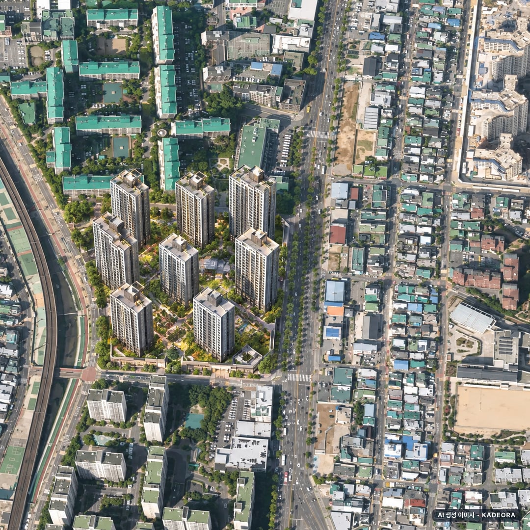 더샵 금정위버시티(조합원 취소분) 단지 전경 AI 상상도(주간 항공) — 부산 금정구 착공 30세대