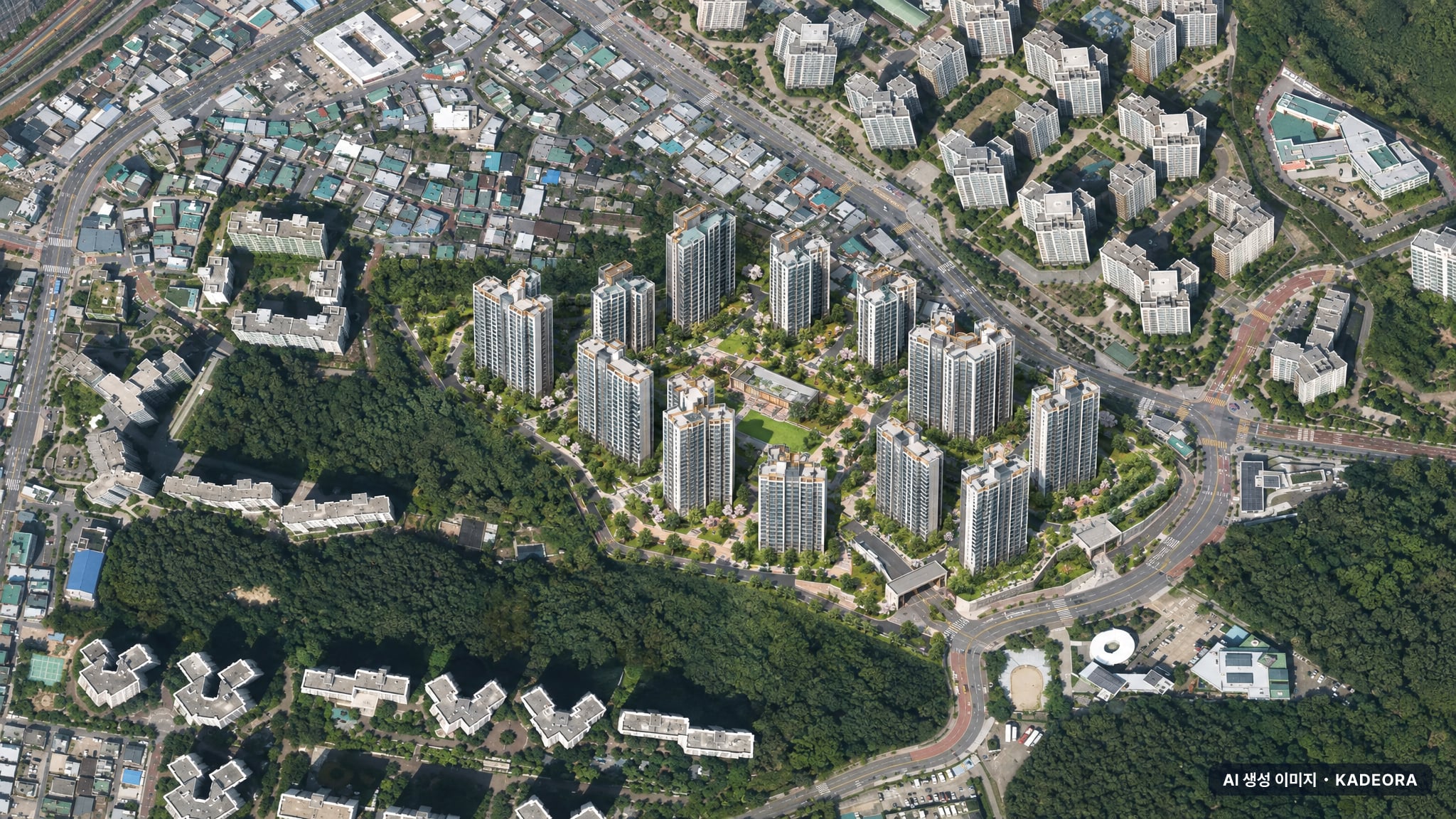 동래사적공원 대광로제비앙 주간 항공 상상도 · AI 생성 이미지로 실제와 다를 수 있음 동래사적공원 대광로제비앙 단지 전경 AI 상상도(주간 항공) — 부산 동래구 착공 1,025세대