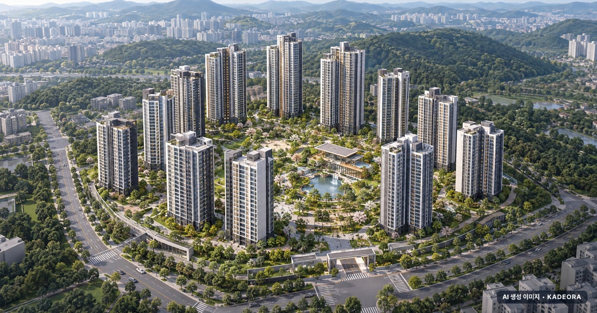 동래사적공원 대광로제비앙 14개동·최고 28층·총 1,025세대 기준 AI 상상도(주간 항공) — 실제와 다를 수 있음