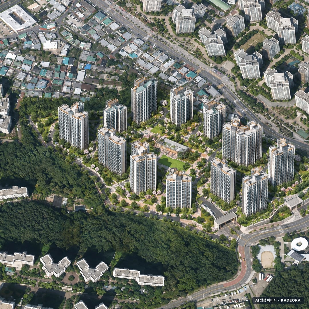 동래사적공원 대광로제비앙 단지 전경 AI 상상도(주간 항공) — 부산 동래구 착공 1,025세대