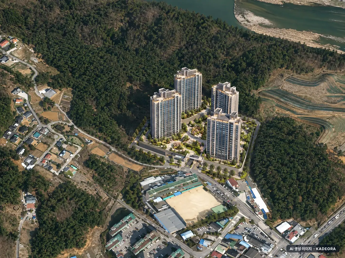 청평 수자인 더퍼스트 4개동·최고 25층·총 551세대 기준 AI 상상도(주간 항공) — 실제와 다를 수 있음