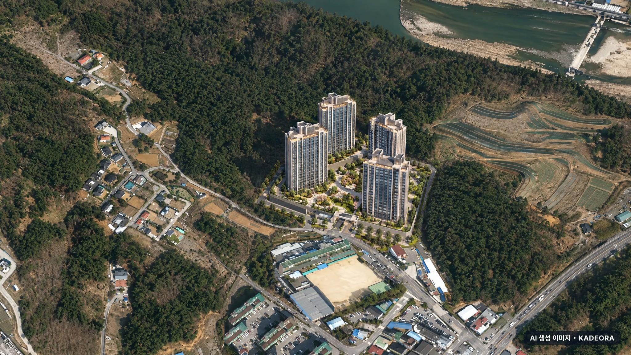 청평 수자인 더퍼스트 단지 전경 AI 상상도(주간 항공) — 경기 가평군 착공 551세대