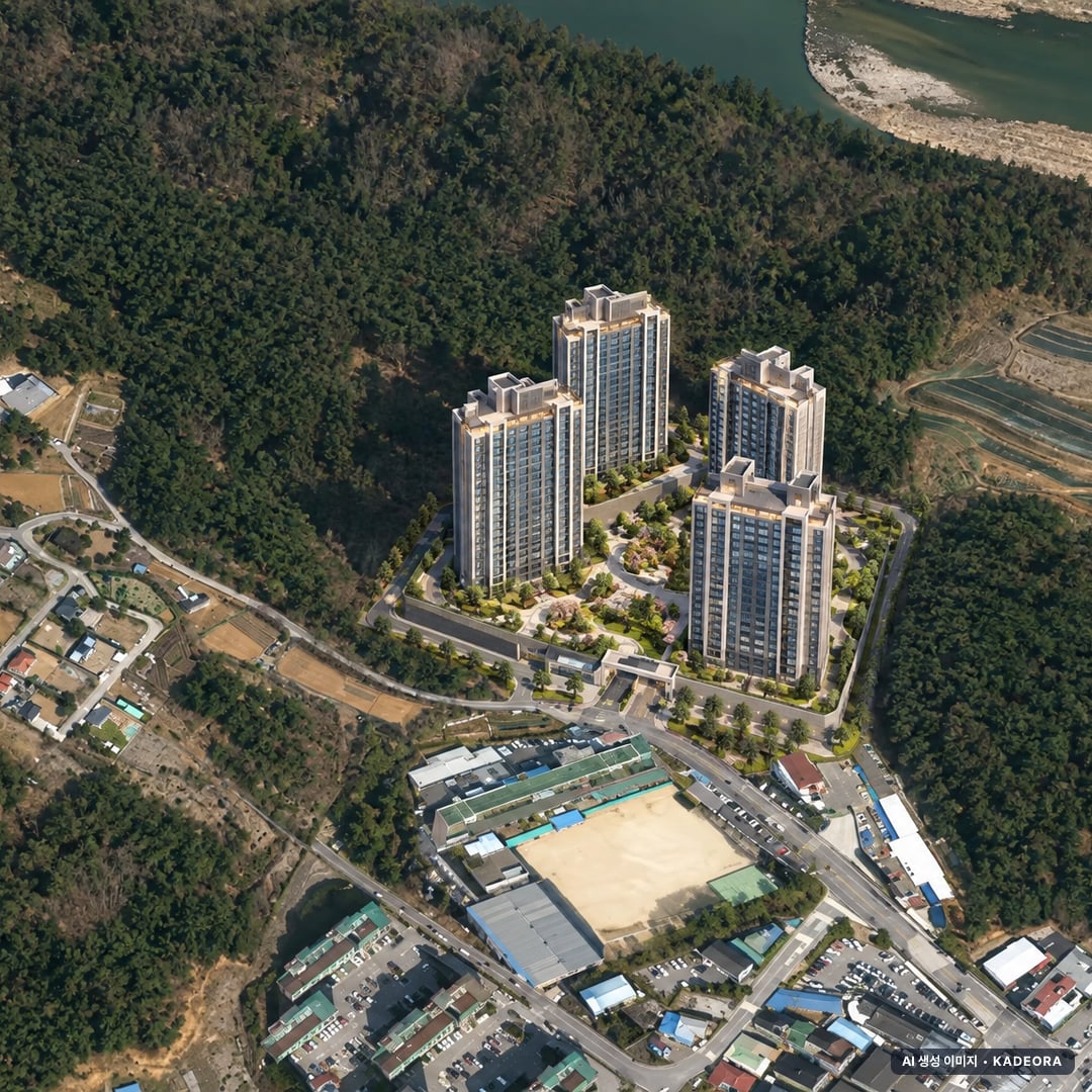 청평 수자인 더퍼스트 단지 전경 AI 상상도(주간 항공) — 경기 가평군 착공 551세대