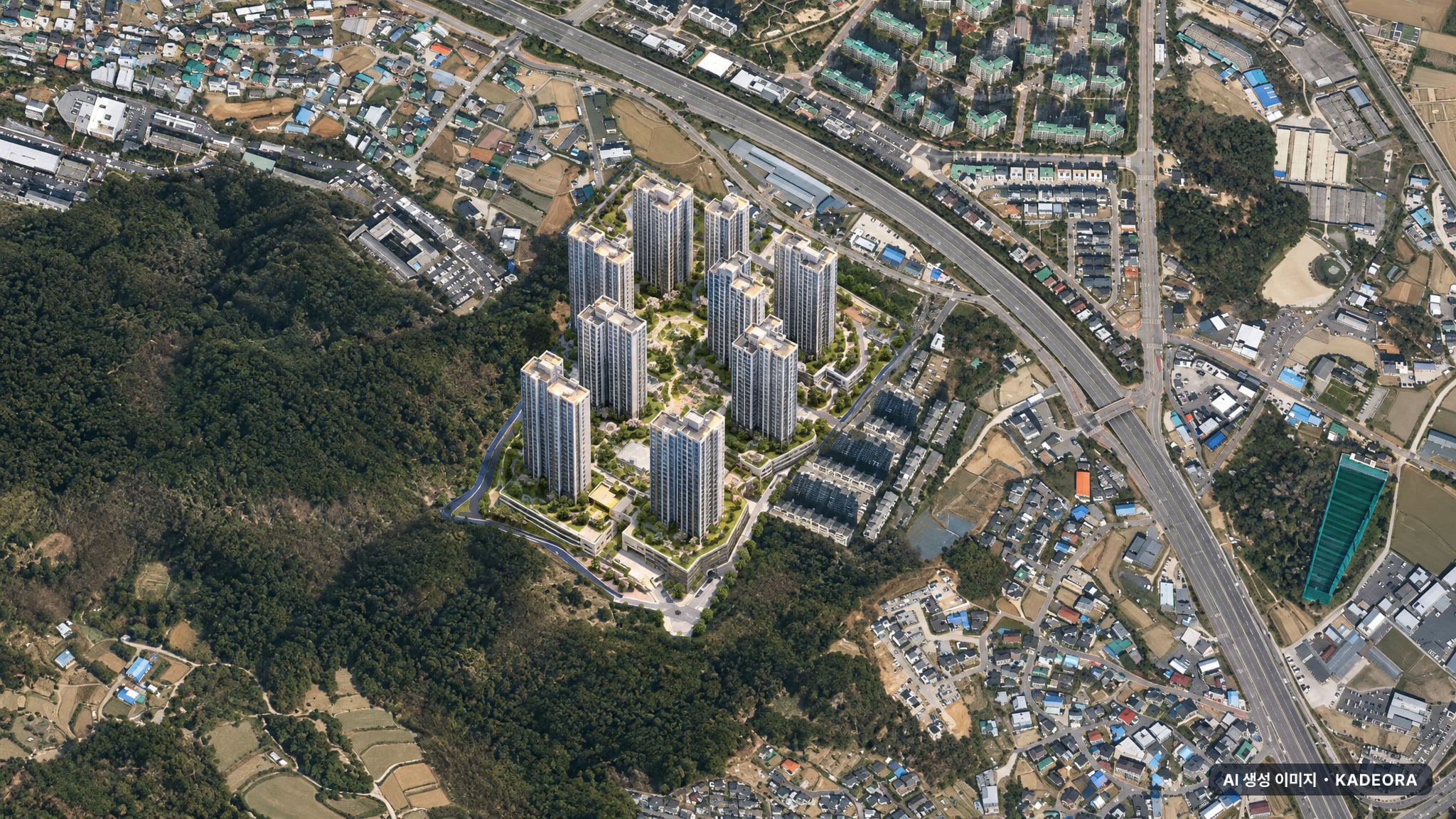 롯데캐슬 위너스포레 단지 전경 AI 상상도(주간 항공) — 경기 오산시 착공 1,672세대