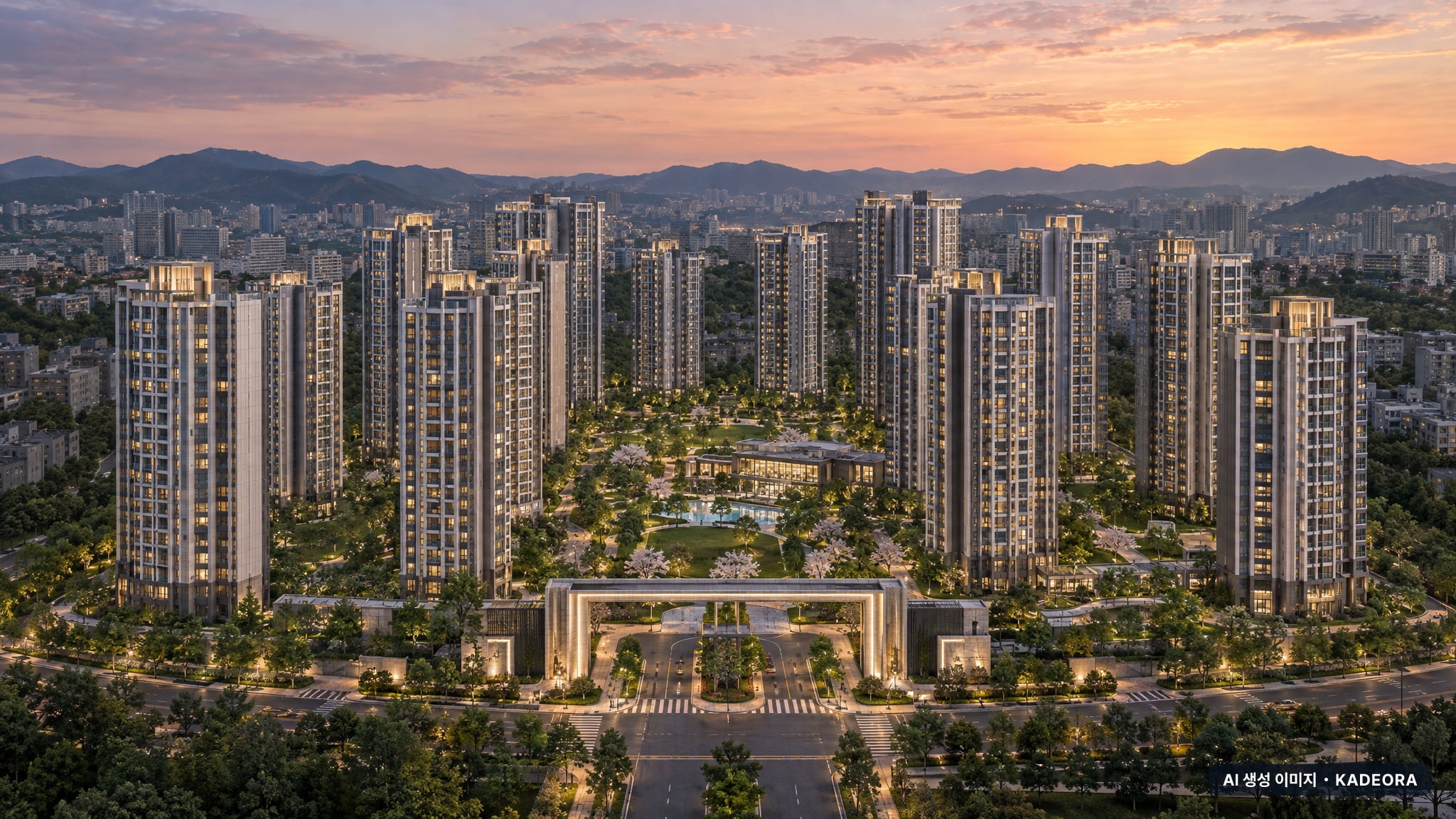 롯데캐슬 위너스포레 16개동·최고 27층·총 1,672세대(이번 834세대 공급) 기준 AI 상상도(단지 입구) — 실제와 다를 수 있음