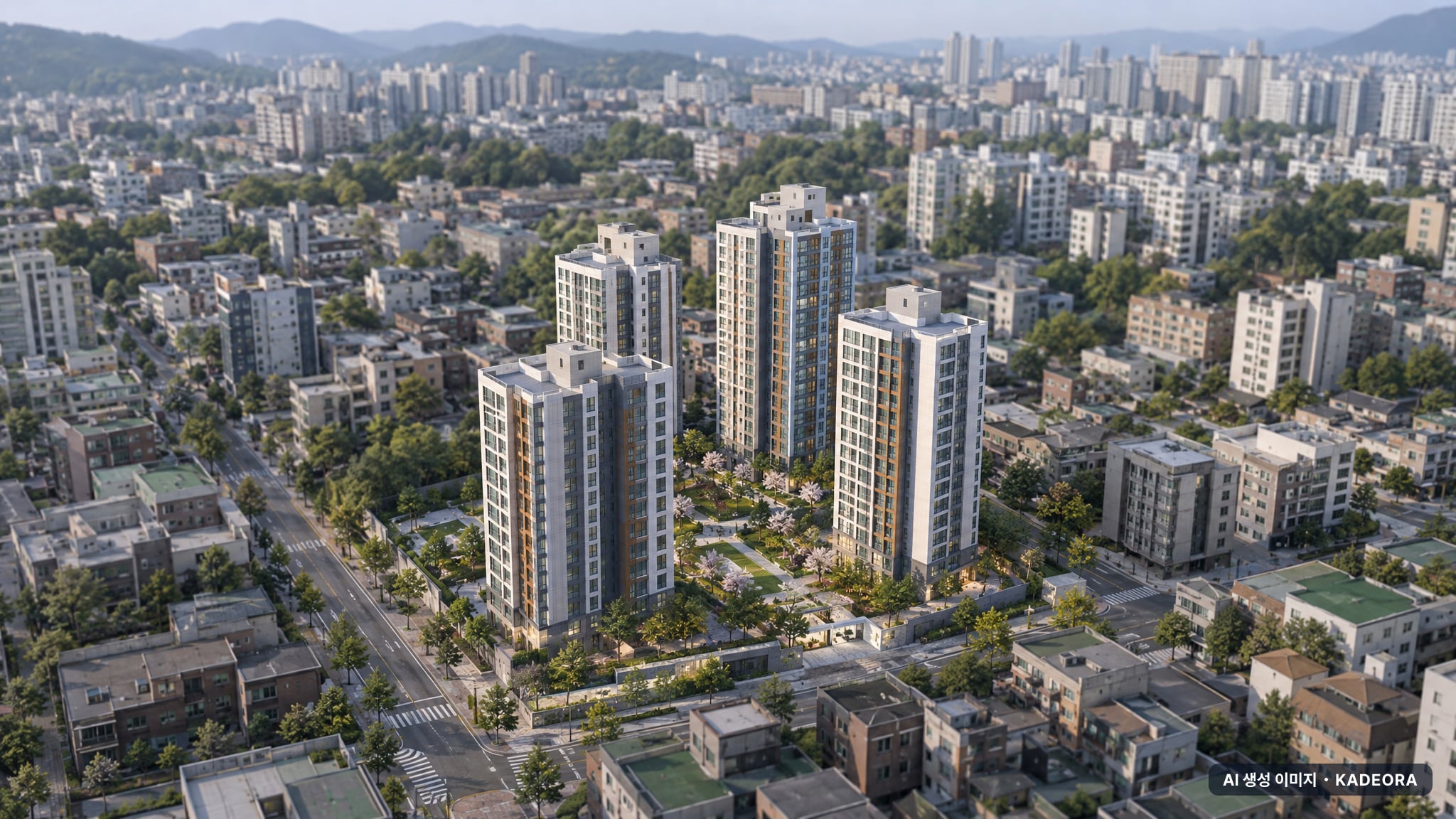 역삼센트럴자이 주간 항공 상상도 · AI 생성 이미지로 실제와 다를 수 있음 역삼센트럴자이 단지 전경 AI 상상도(주간 항공) — 강남구 87세대