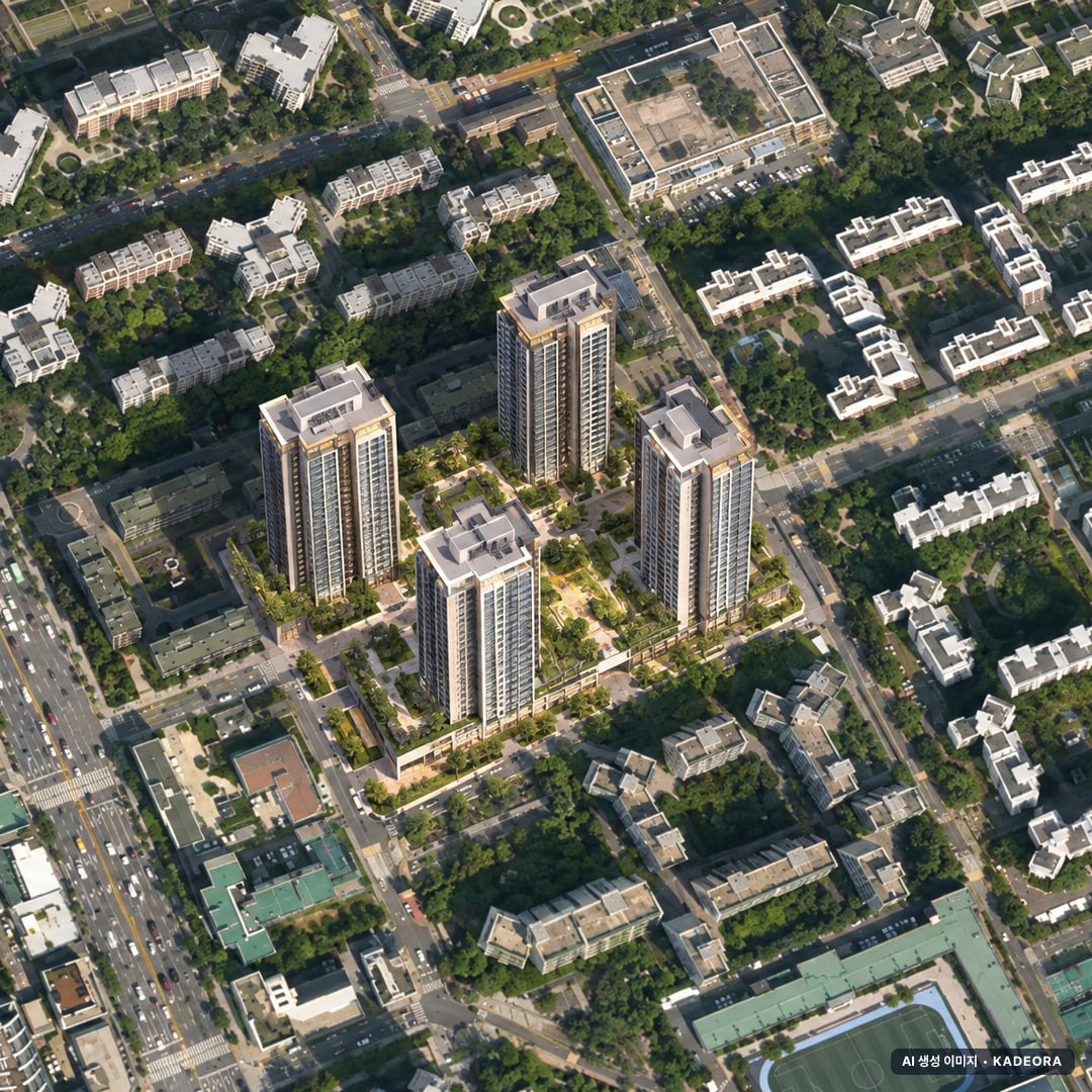 역삼센트럴자이 단지 전경 AI 상상도(주간 항공) — 서울 강남구 착공 87세대