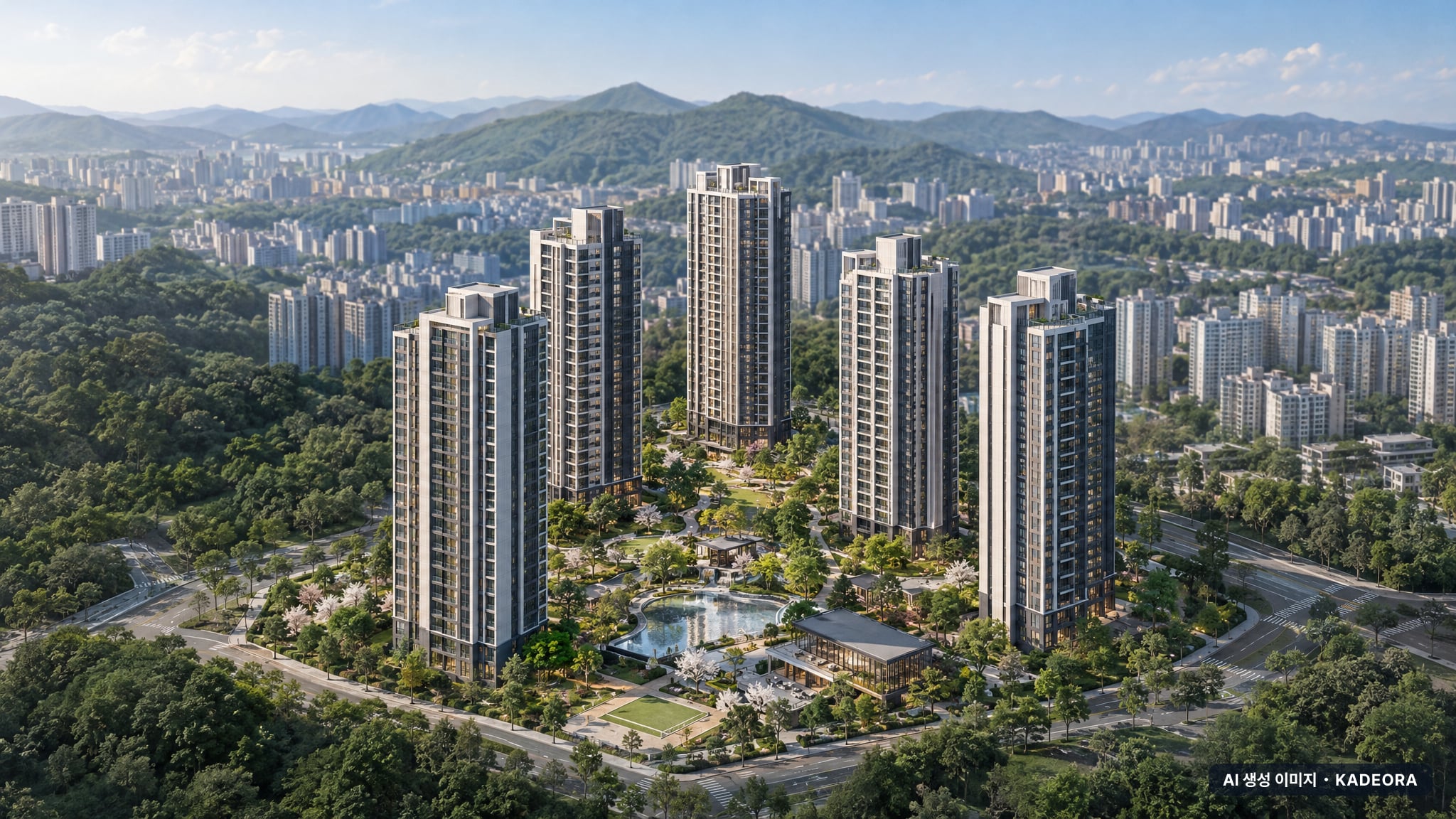 동탄2신도시 동탄역 대방 엘리움 더 시그니처(C18BL) 단지 전경 AI 상상도(주간 항공) — 경기 화성시 착공 464세대