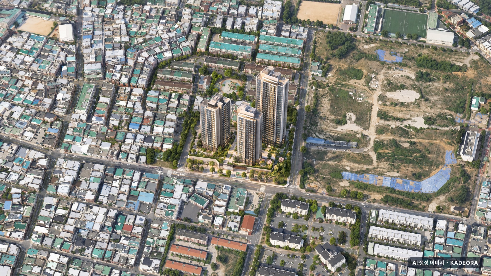 부산 동래구 안락동 144 가로주택정비 단지 전경 AI 상상도(주간 항공) — 부산 동래구 사업시행인가 65세대