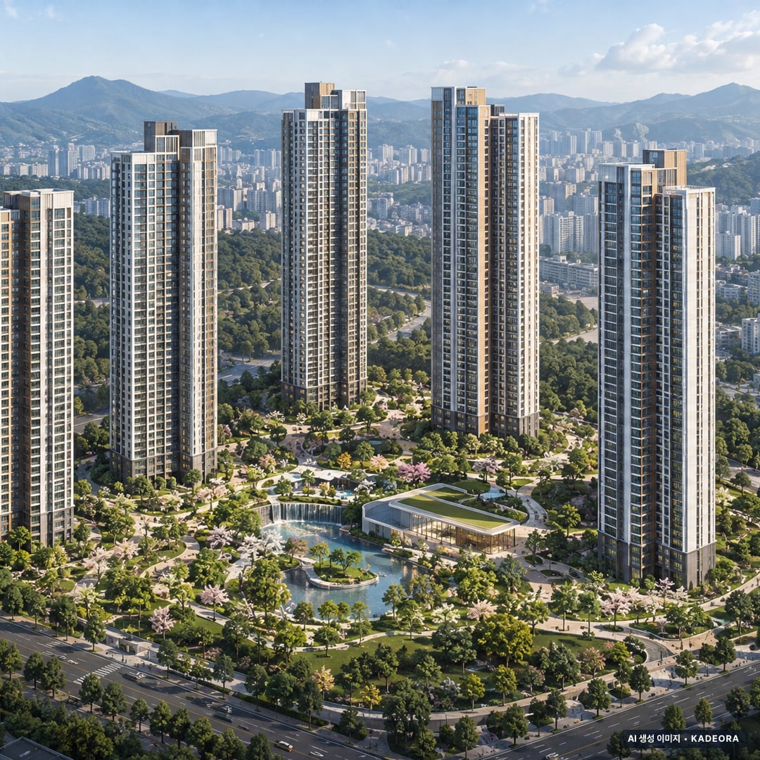 인하대역 수자인 로이센트(4차) 6개동·최고 43층·총 1,199세대(이번 15세대 공급) 기준 AI 상상도(주간 항공) — 실제와 다를 수 있음