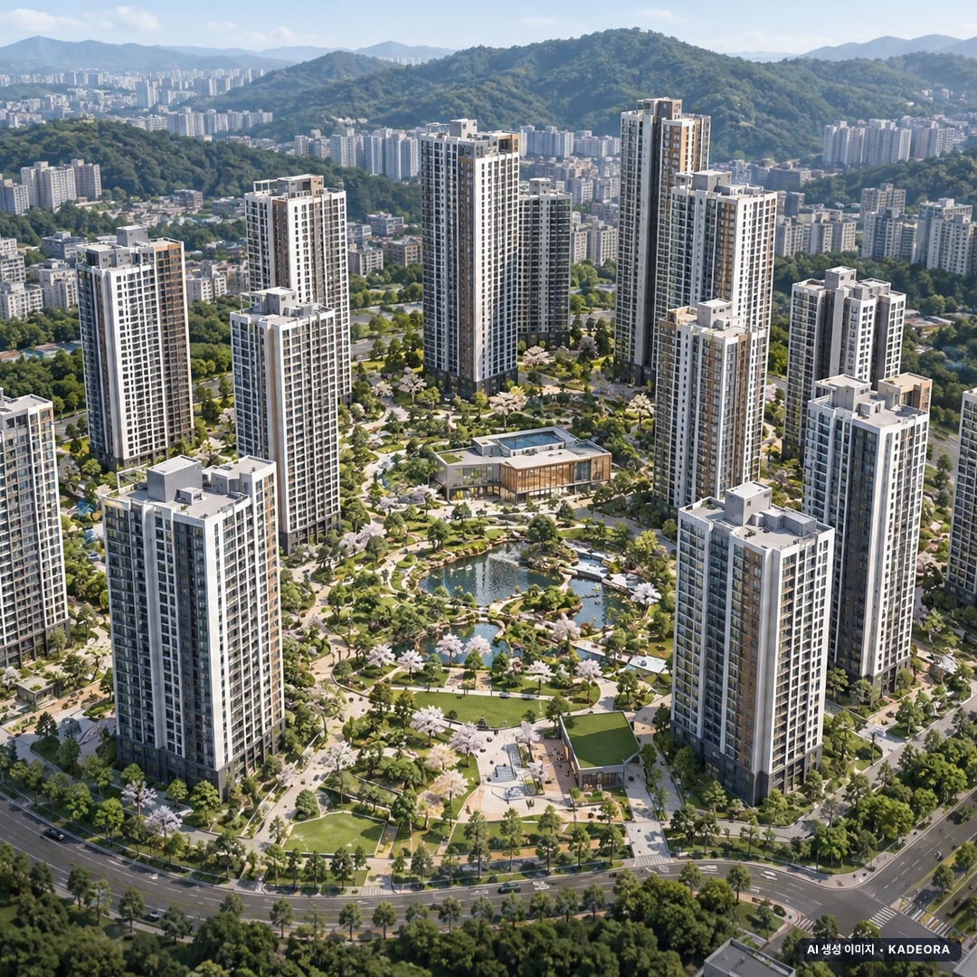 힐스테이트 거제시그니처 — 거제 옥포 공동주택 14개동·최고 36층·총 1,963세대(이번 356세대 공급) 기준 AI 상상도(주간 항공) — 실제와 다를 수 있음