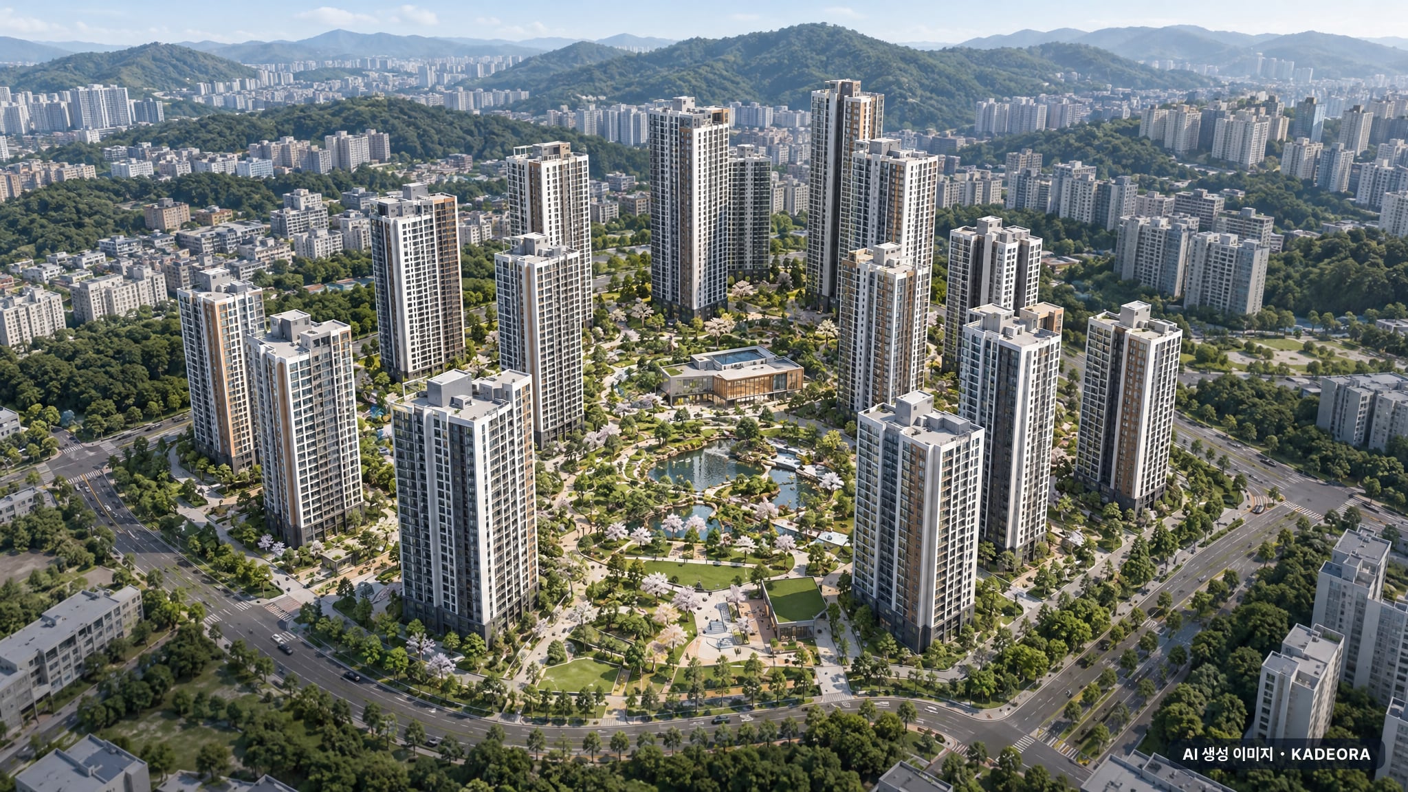 힐스테이트 거제시그니처 — 거제 옥포 공동주택 단지 전경 AI 상상도(주간 항공) — 거제시 1,963세대