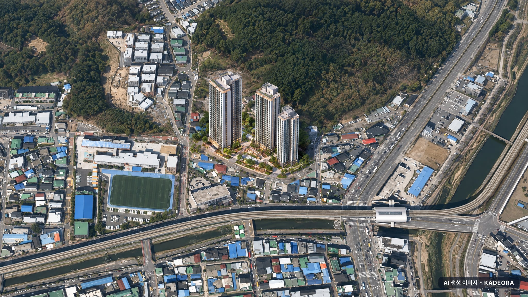 용인7 단지 전경 AI 상상도(주간 항공) — 경기 용인시 조합설립 268세대