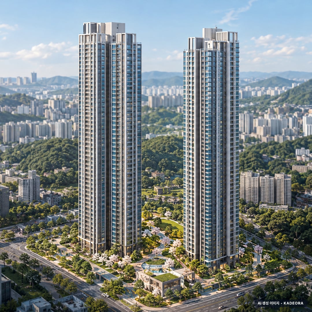 드파인 아르티아(2차) 2개동·최고 45층·총 404세대(이번 7세대 공급) 기준 AI 상상도(주간 항공) — 실제와 다를 수 있음