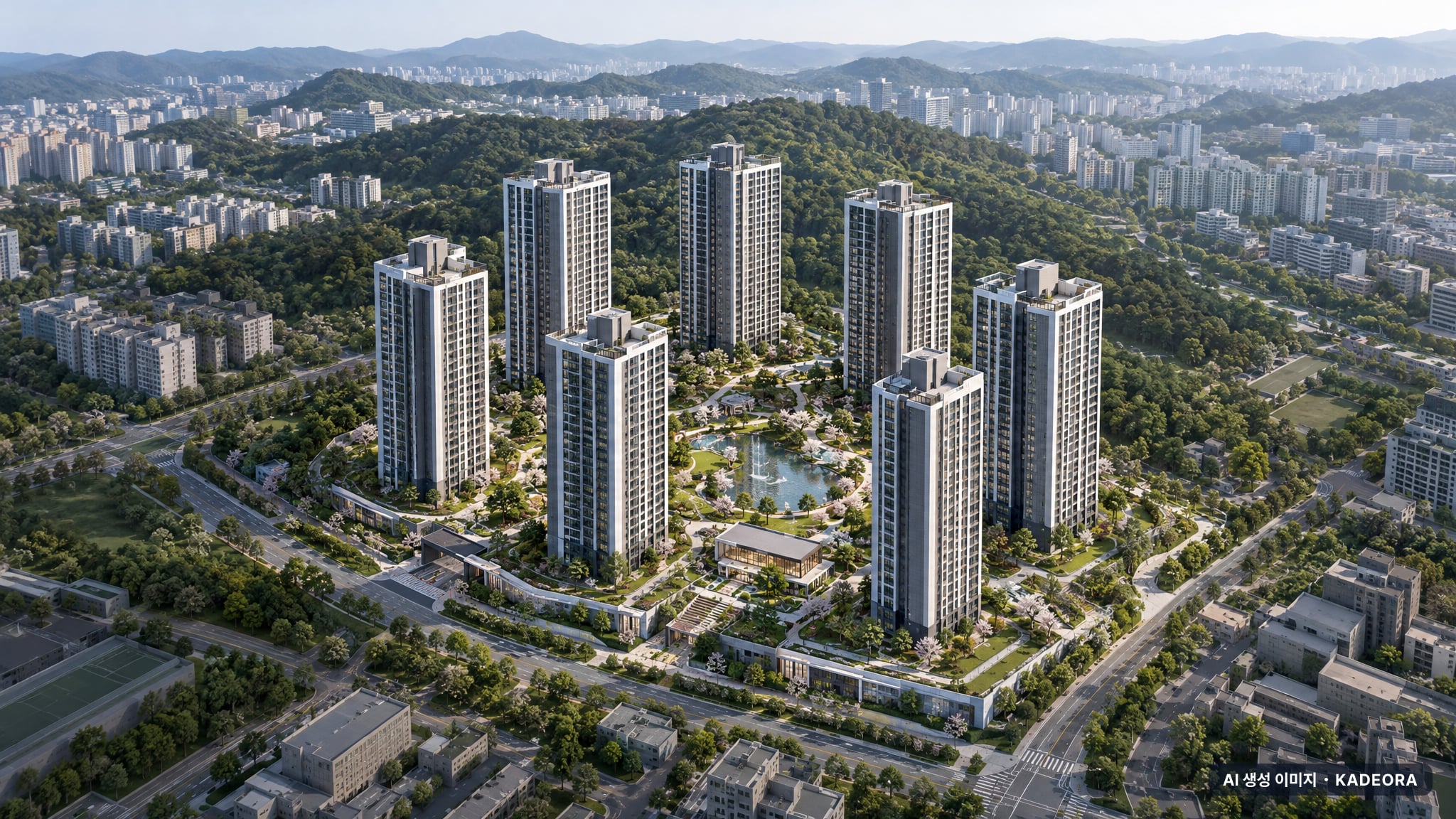 청주테크노폴리스 아테라 2차(A7BL) 주간 항공 상상도 · AI 생성 이미지로 실제와 다를 수 있음 청주테크노폴리스 아테라 2차(A7BL) 단지 전경 AI 상상도(주간 항공) — 충북 청주시 착공 576세대