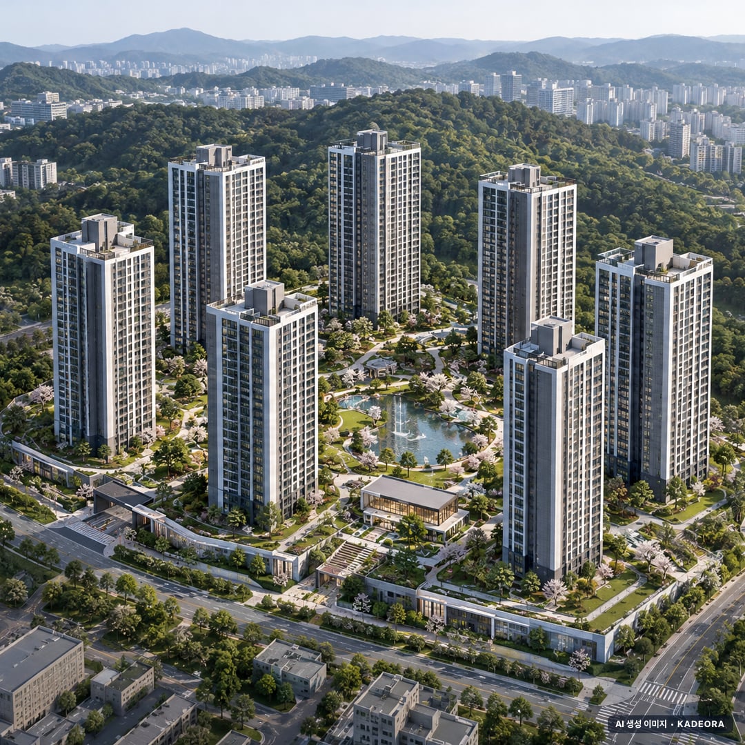 청주테크노폴리스 아테라 2차(A7BL) 단지 전경 AI 상상도(주간 항공) — 충북 청주시 착공 576세대