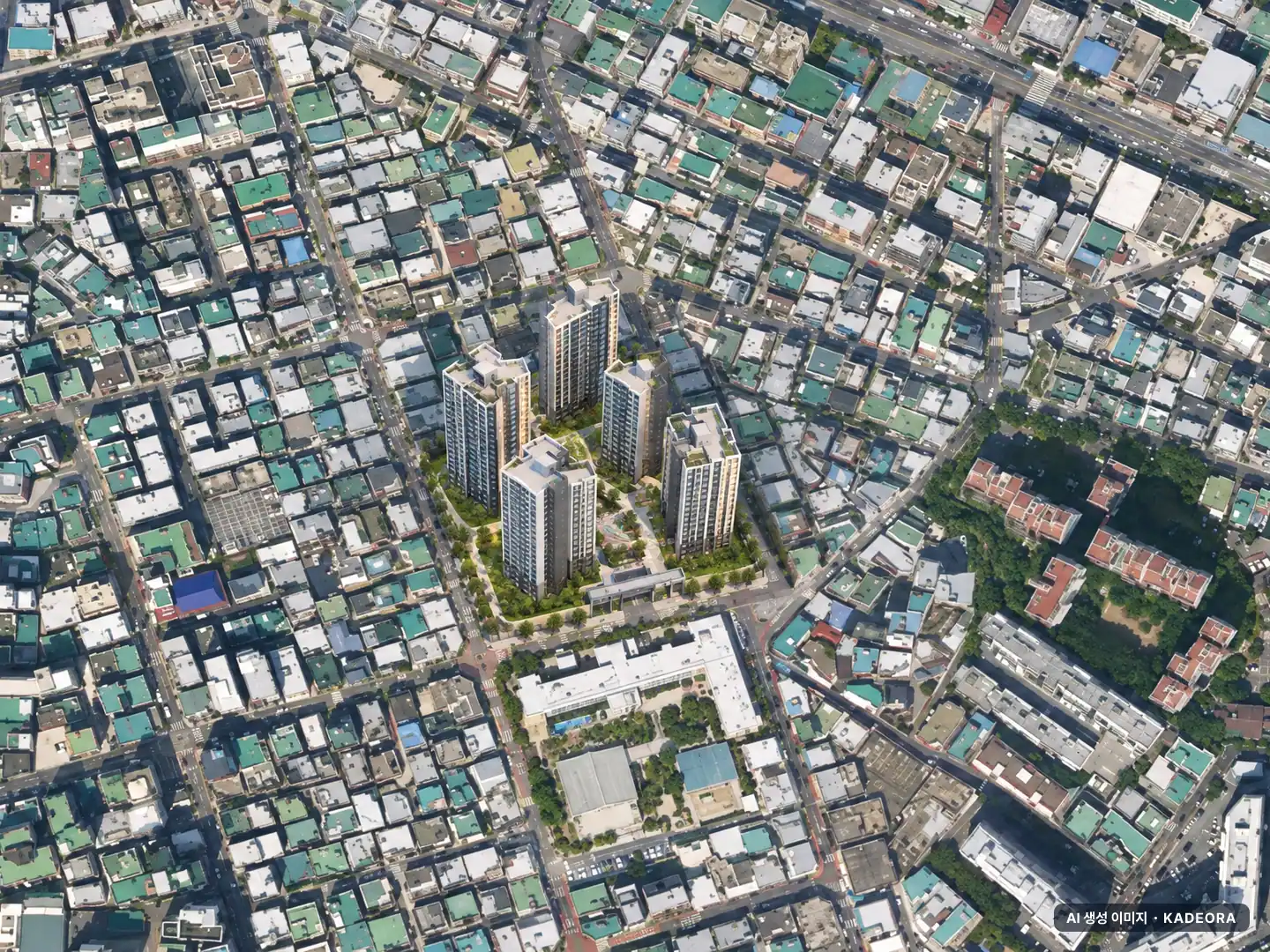 부산 동래구 온천5 재개발 총 419세대 기준 AI 상상도(주간 항공) — 실제와 다를 수 있음