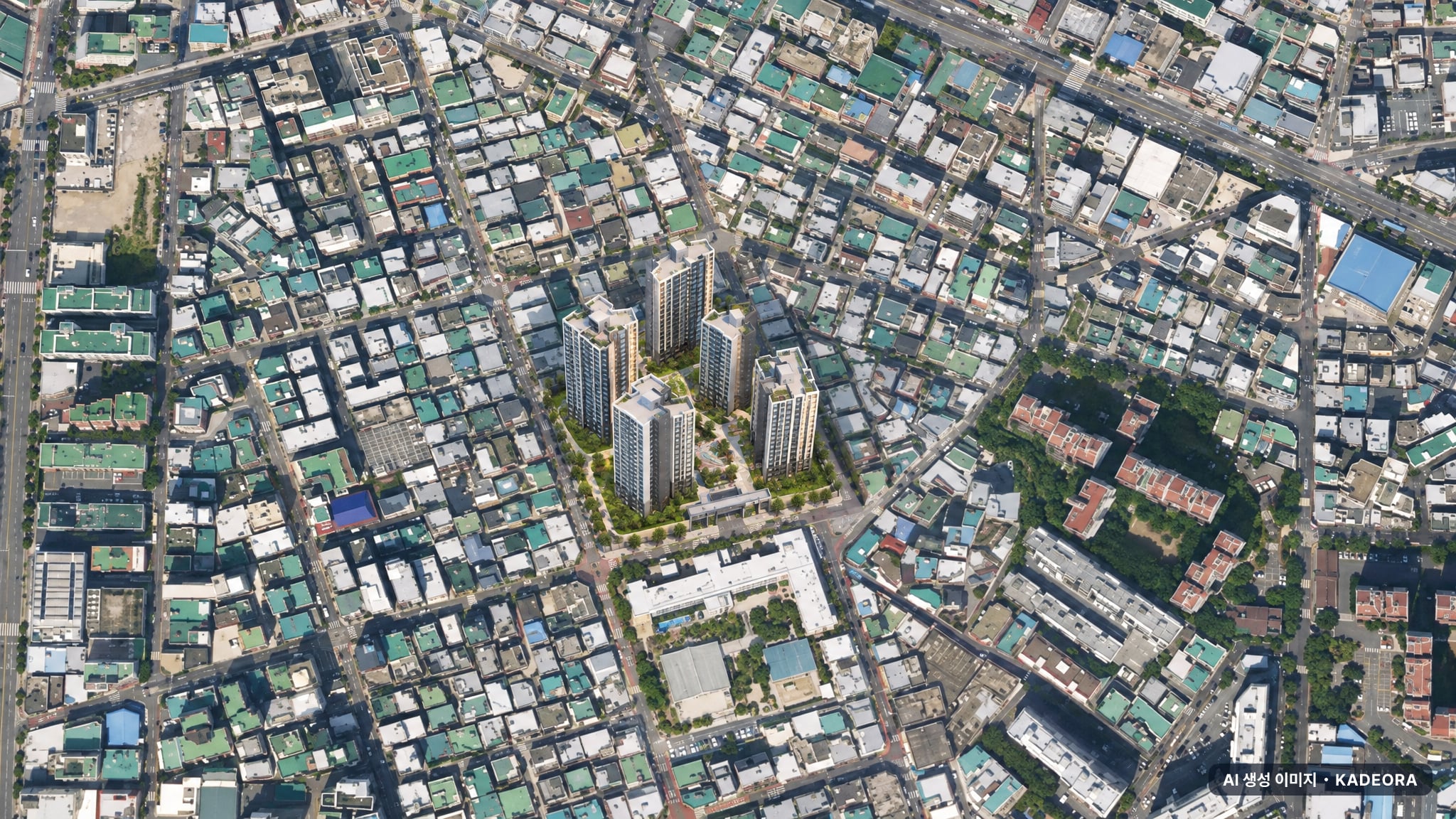 부산 동래구 온천5 재개발 주간 항공 상상도 · AI 생성 이미지로 실제와 다를 수 있음 부산 동래구 온천5 재개발 조감도 AI 상상도(주간 항공) — 부산 동래구 조합설립 419세대