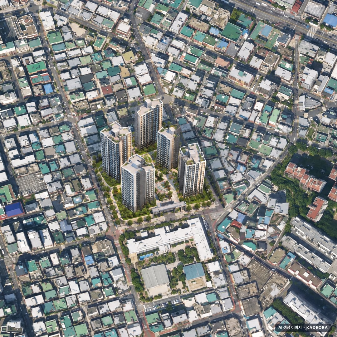 부산 동래구 온천5 재개발 조감도 AI 상상도(주간 항공) — 부산 동래구 조합설립 419세대