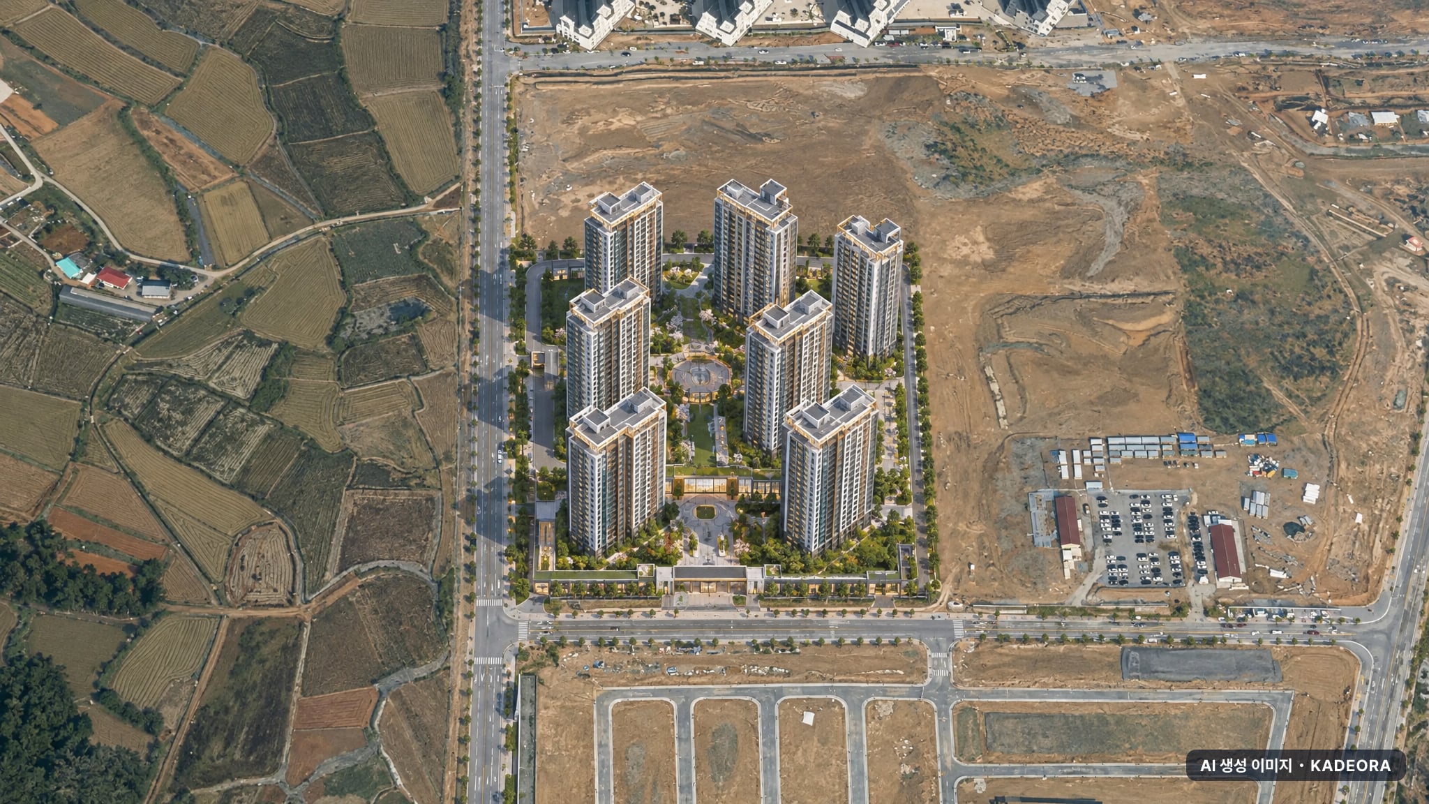 평택 화양 동문 디 이스트 단지 전경 AI 상상도(주간 항공) — 경기 평택시 착공 753세대
