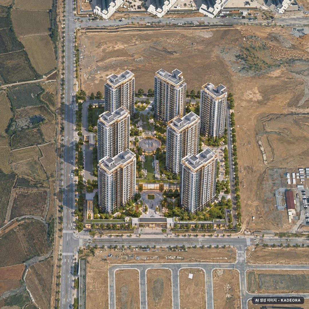 평택 화양 동문 디 이스트 단지 전경 AI 상상도(주간 항공) — 경기 평택시 착공 753세대