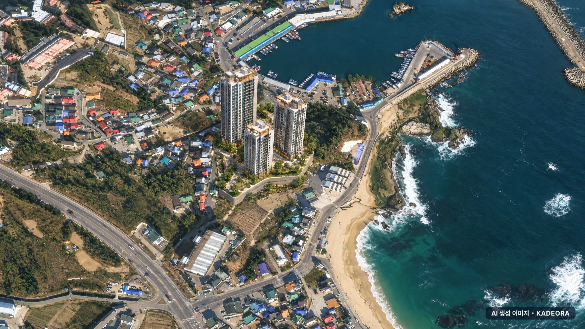 르네오션 고성 퍼스트뷰 단지 전경 AI 상상도(주간 항공) — 강원 고성군 착공 263세대