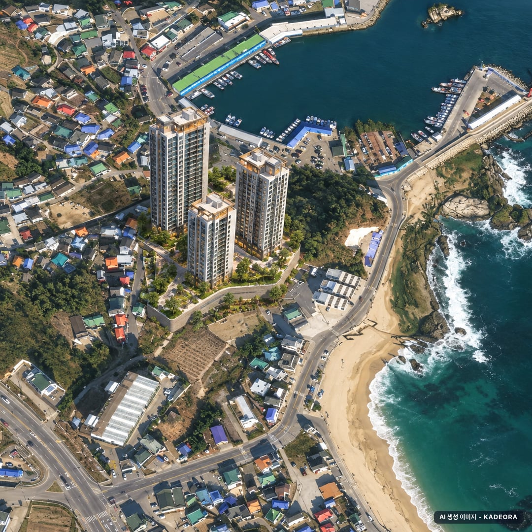 르네오션 고성 퍼스트뷰 단지 전경 AI 상상도(주간 항공) — 강원 고성군 착공 263세대