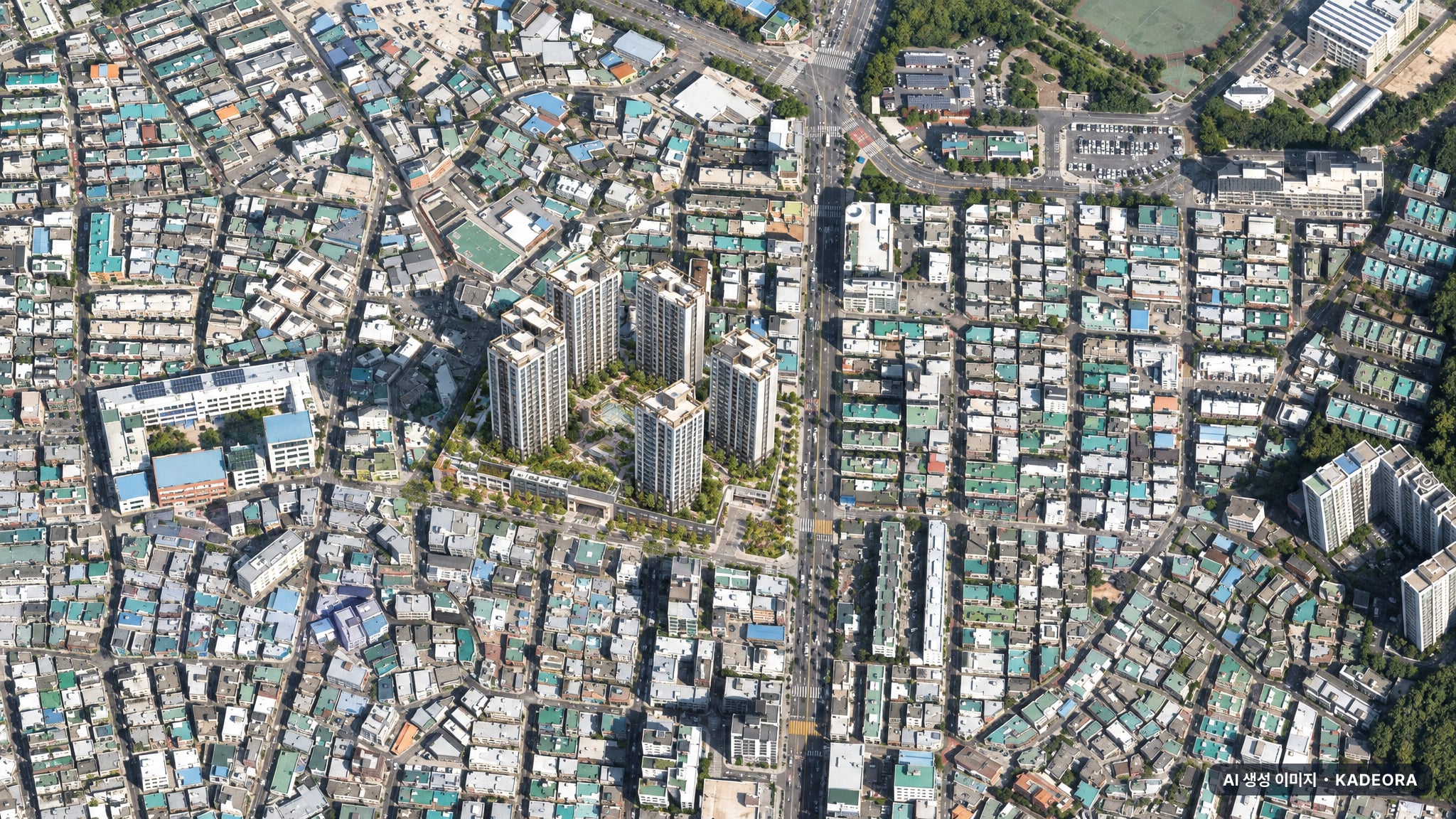 부산 남구 분포목련아파트 가로주택정비 조감도 AI 상상도(주간 항공) — 부산 남구 조합설립 355세대