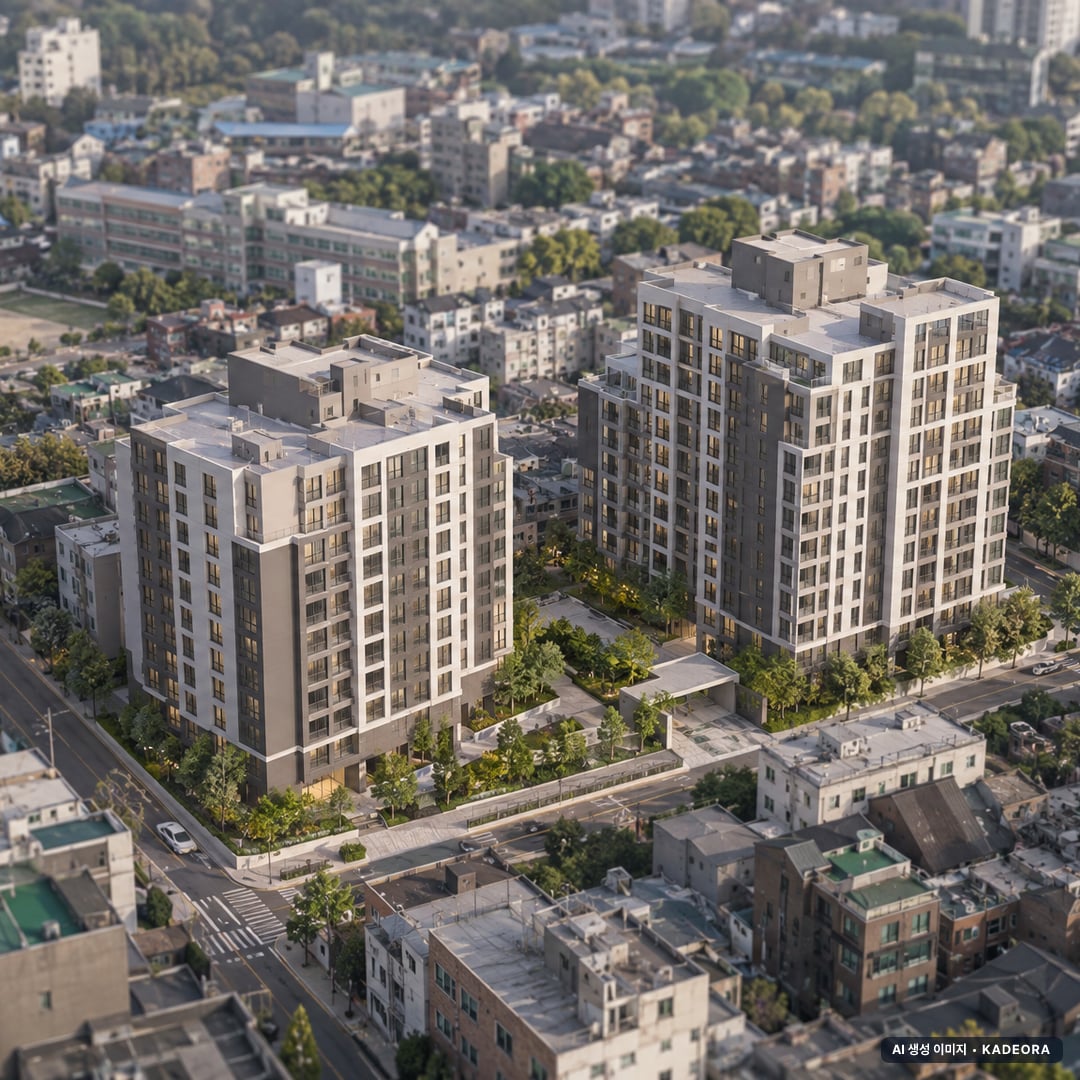 부산 남구 분포목련아파트 가로주택정비 총 355세대 기준 AI 상상도 — 실제와 다를 수 있음 부산 남구 분포목련아파트 가로주택정비 총 355세대 기준 AI 상상도(주간 항공) — 실제와 다를 수 있음