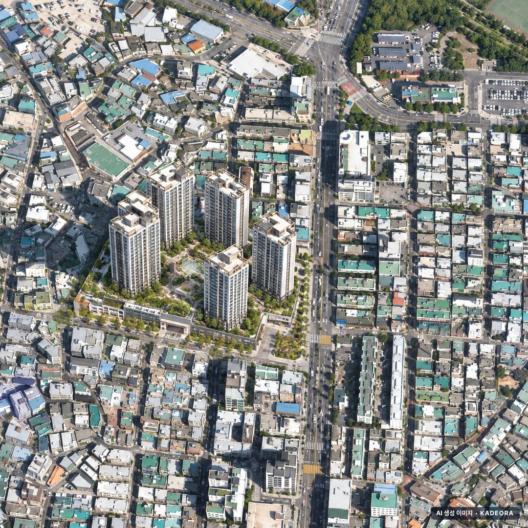 부산 남구 분포목련아파트 가로주택정비 조감도 AI 상상도(주간 항공) — 부산 남구 조합설립 355세대