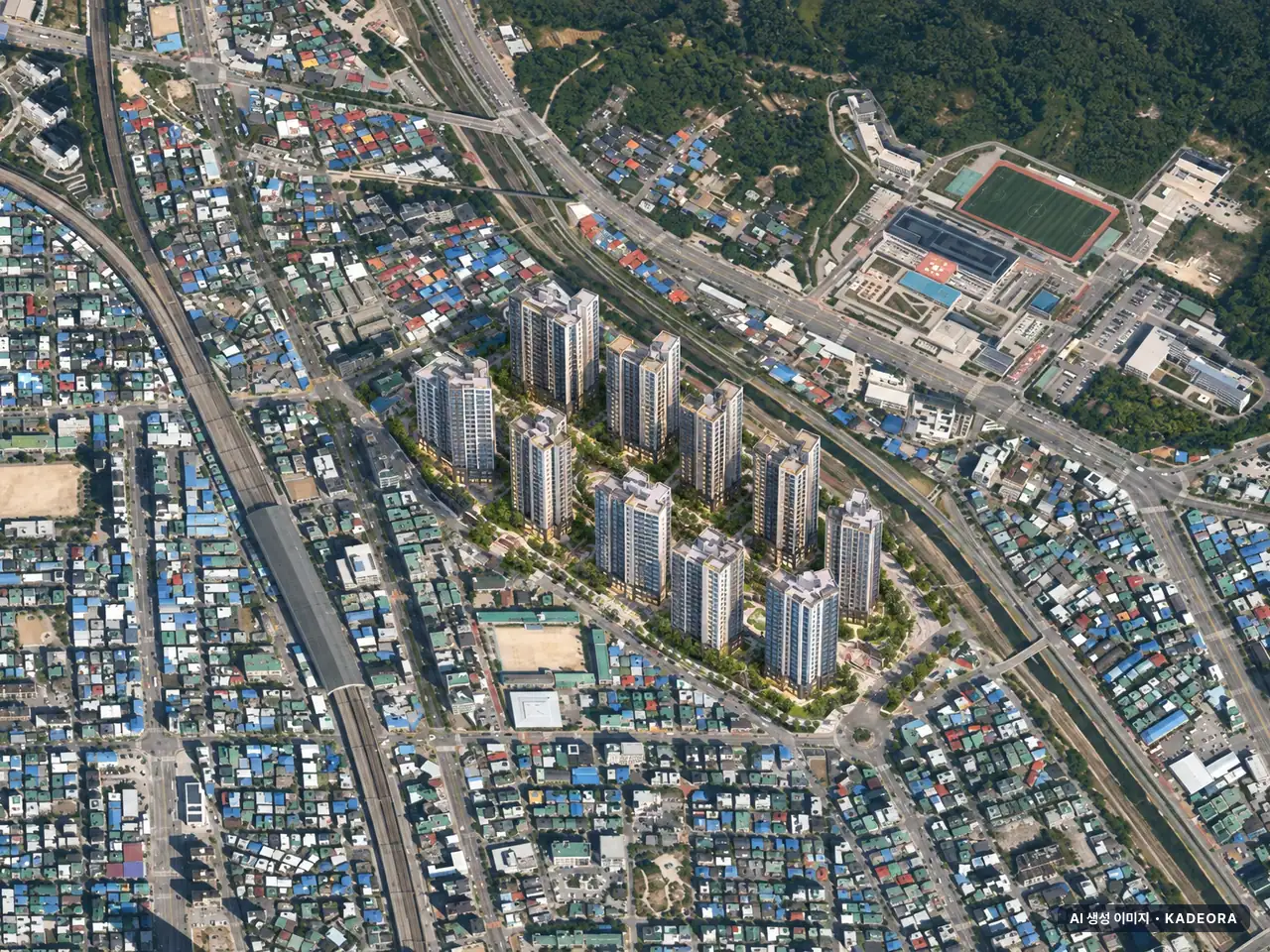의정부시 가능3구역 총 1,520세대 기준 AI 상상도 — 실제와 다를 수 있음 의정부시 가능3구역 총 1,520세대 기준 AI 상상도(주간 항공) — 실제와 다를 수 있음