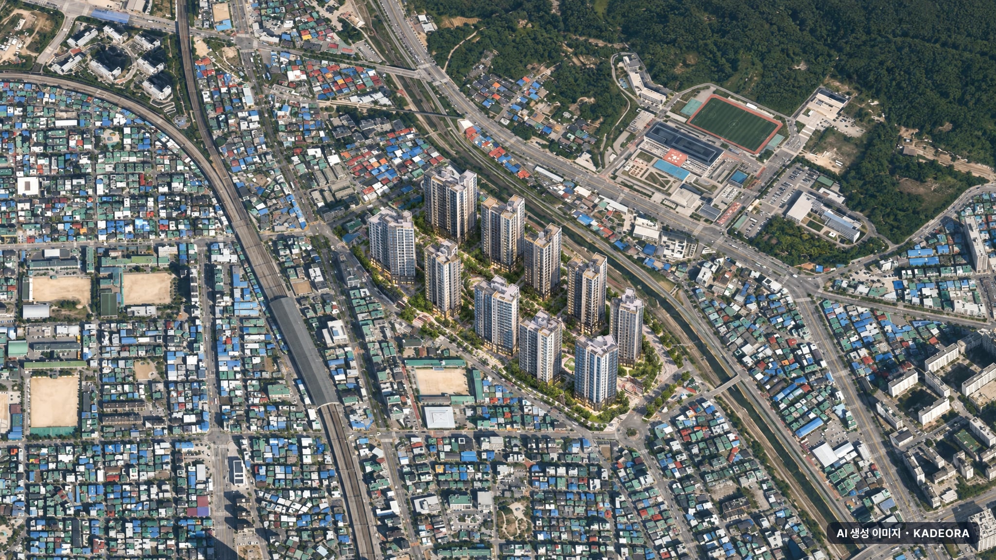 의정부시 가능3구역 조감도 AI 상상도(주간 항공) — 경기 의정부시 부지계획 1,520세대