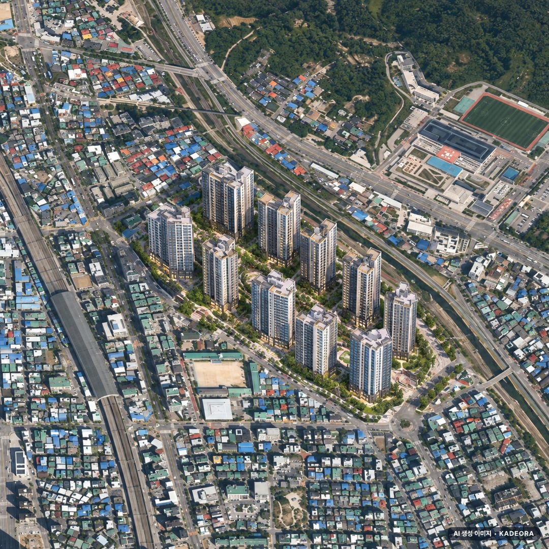 의정부시 가능3구역 조감도 AI 상상도(주간 항공) — 경기 의정부시 부지계획 1,520세대